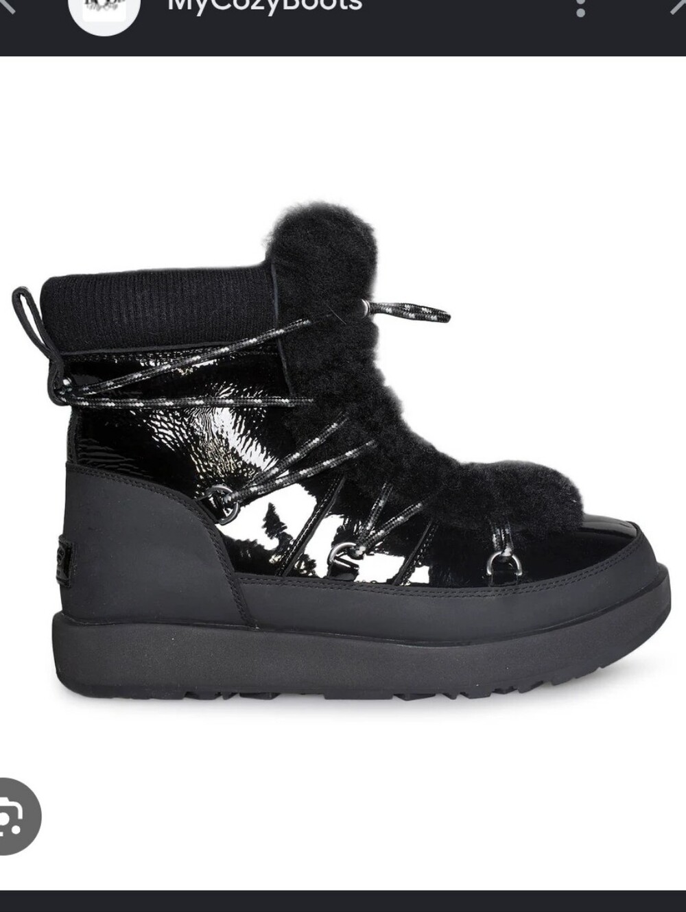 Ugg Highland Waterproof Black Faux Fur Ankle Boot with Knit Cuff